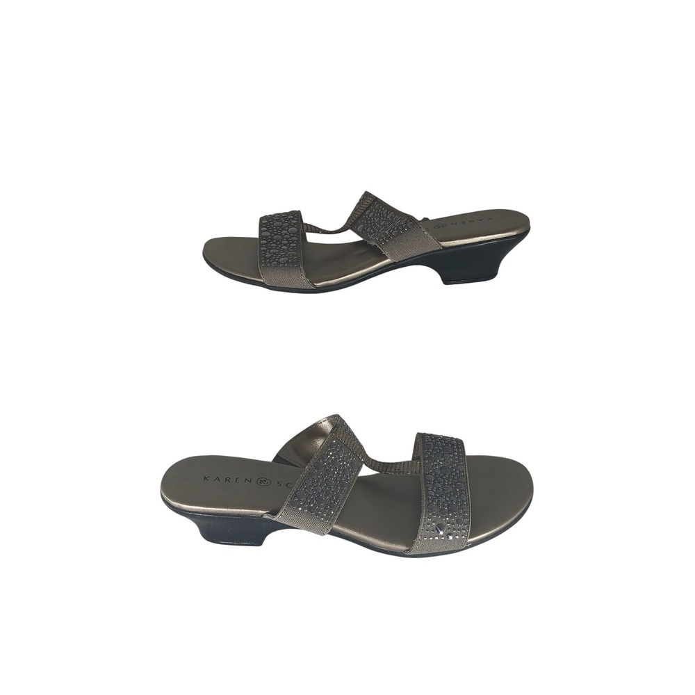 Karen Scott Eddina Sandals 6M Champagne Pewter‎ Rhinestone Low Wedge Slide Shoes